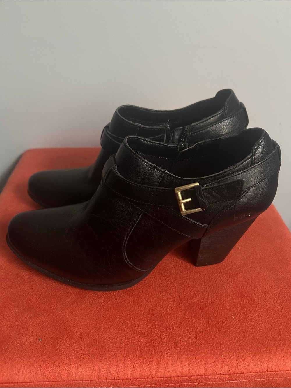 boc Black Leather Ankle Booties with Gold Buckle Accent